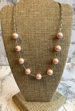 Vintage Kissaka Baby Pink Faux Pearl Silver Tone Choker Necklace Signed 14"